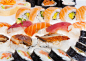 寿司,鱼糕,鱼子酱,水平画幅,无人,三文鱼,生食,白色背景,白色,鲔鱼