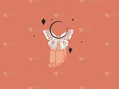 手绘矢量抽象股票平面图形插图与标志元素，波西米亚魔术艺术的新月，蝴蝶和水晶剪影在简单的风格为品牌，孤