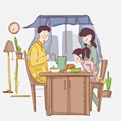 寒假一家三口在家吃早餐手绘插图图片大小2000x2000px 图片尺寸1.8 MB 来自PNG搜索网 pngss.com 免费免扣png素材下载！窗帘#寒假#卡通手绘#落地灯#面包#沙拉#时钟#睡衣#一家三口#早餐#桌子#