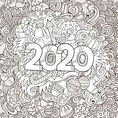 2020,新年前夕,绘画插图,乱画,轮廓线画,动物手,可爱的,单词,贺卡