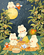 This may contain: three little bunnies are sitting on a blanket in the grass at night, eating food
