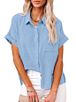 JEKAOYI Womens Casual Cotton Linen Button Down Short Sleeve Shirts Solid Summer Beach Blouses Tops with Pocket