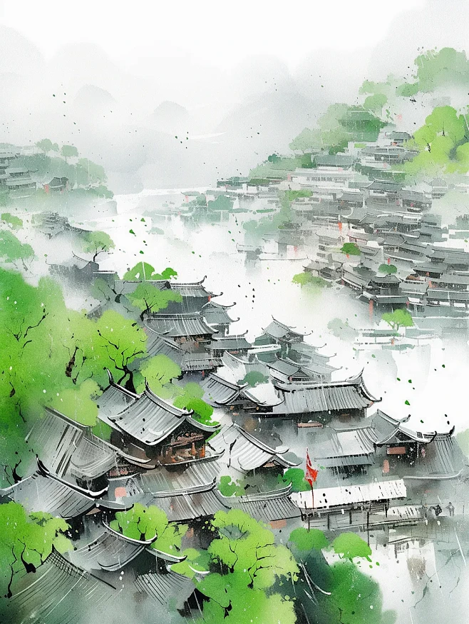 写意江南水乡青泉烟雨，中国古代乡村风光，鸟瞰全景海报-花瓣网