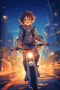 自然郊游骑电动车的男孩女孩插画
