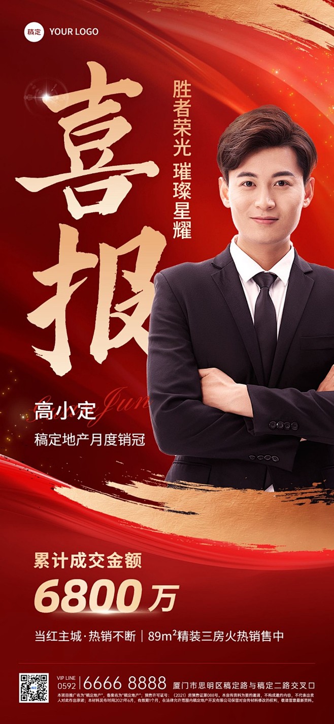 房地产销售中介加推业绩表彰人物喜报喜庆风...