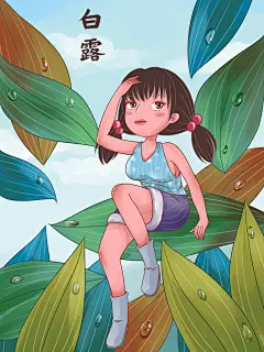 手绘女孩植物秋季二十四节气白露插画