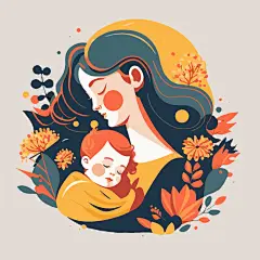 秋日母子温馨拥抱插画