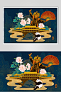 成都京剧熊猫牡丹国潮烫金山水神兽插画素材