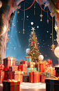 Christmas scene with lots of gifts and a box, in the style of vibrant stage backdrops, aurorapunk, zhang kechun, dreamlike atmosphere, photorealistic scenes, eye-catching, theatrical