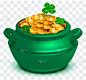 在透明的背景上装满金币的绿色大锅。四叶草象征着圣帕特里克节