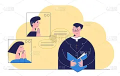 牧师手持圣经，现场主持教堂仪式。一群人与牧师在网上祈祷。教堂和礼拜观念，人们通过视频会议祈祷。平面向