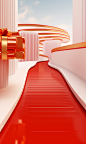 A red and white box with a red track, in the style of rendered in cinema4d, luxurious, commercial imagery, light orange and gold, rollerwave, raw materials, festive atmosphere