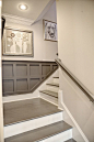 When we rip the carpet out of the stairs and upstairs, this would be lovely. Add to mikes list lol. Staircase Detail - Gray Painted Stairs and Railing, Gray Wainscoting.: 