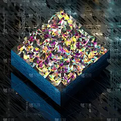 装饰和抽象的3d正方形由彩色的低多边形构成，漂浮在深色和垃圾的表面上，具有景深