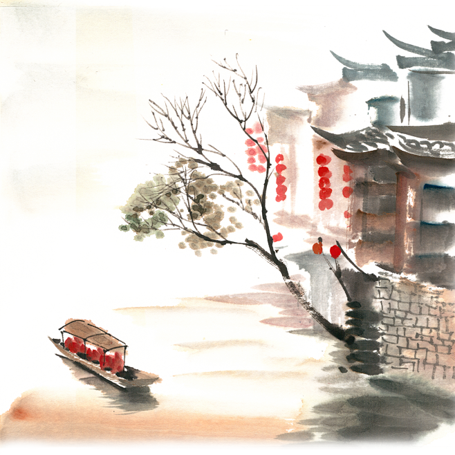 水乡彩绘水墨山水风景