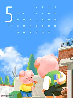 蔚蓝天空 可爱小猪 晴朗五月 新年手绘日历设计PSD tid283t000675节日节气素材下载-优图-UPPSD