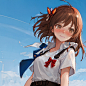00020-1046584015-best quality, masterpiece, solo, 1 girl, blue sky, brown hair, long hair,  smirk, nose blush , closed mouth, hair ornament,(whit