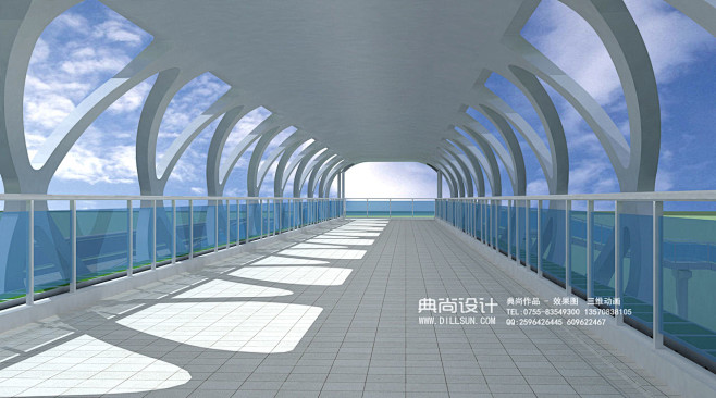 1a湖景天桥-钢箱梁+管型桁架顶棚方案1 人行天桥过街效果图