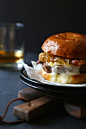 foodie fridays: bacon and brie burger with spicy peach caramelized onions