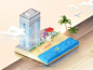 [模库]泳池沙滩美女 椰子 城市商店 木板背景 小景合成设计PSD_平面素材_创意合成