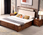 乌金木床新中式全实木真皮软靠双人床卧室1.8米高箱气压储物大床-淘宝网