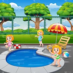 Happy little girls playing in the swimming pool