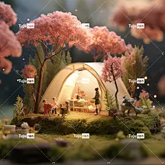 在森林中露营微型场景的帐篷周围有粉红色花朵孩子们玩耍海报