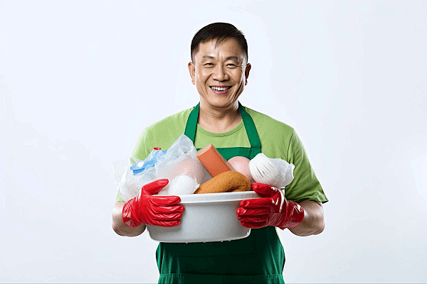 男性家政服务人员拿着清洁用品保洁清洁