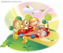 坐在跑车上的小男孩和松鼠草|插画|兜风|红色跑车|绘画|卡通人物|卡通人物图片|可爱|漫画|漫画人物|人物素材|人物图片|矢量人物|矢量素材|树木|小鸡|小男孩|小松鼠|叶子