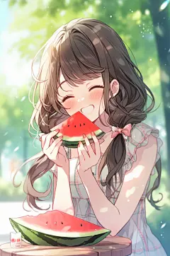 AI数字艺术夏季吃西瓜卡通插画-众图网