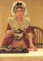 乔治·邓禄普·莱斯利(George Dunlop Leslie，1835-1921)， 1835年7月2日出生于英国伦敦。英国风俗画家查尔斯·罗伯特·莱斯利的儿子。曾在卡里艺术学院，皇家学院学习。那些层层叠叠的欧洲早期的服饰，很是华丽。基本描绘了女子各个阶段时的样子，色彩也很是轻柔美丽。