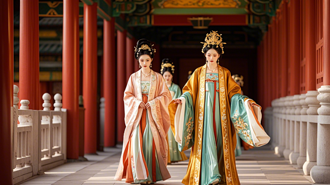 一位穿着华丽，奢侈的古代女，身旁跟着俩排侍女，走在宫殿长廊 (1)