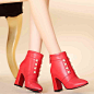 2014最新头层牛皮镶珍珠粗跟高跟红色尖头短靴马丁靴女靴子短筒靴-tmall.com天猫
