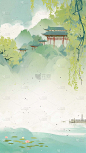 清明通用插画水墨风山水柳叶背景场景图片素材