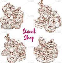 用于食品设计的蛋糕和冰淇淋甜点素描