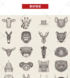 手绘黑白素描铅笔画动物头像熊猫狗猫兔虎猪鹿插画AI矢量设计素材