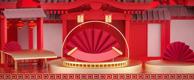新年春节年货节中国风舞台展示三维背景C4...