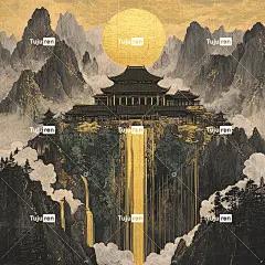 中国传统木刻版画，以翠绿碧绿、金箔、黄色水晶材料为特色。群山