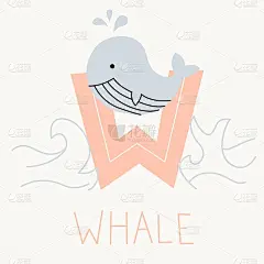 向量平面插图的儿童字母表。字母W和背景中的鲸鱼。
