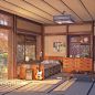 Living room and kitchen, Arseniy Chebynkin : Background for "Love, Money, Rock’n’Roll" visual novel game, where I work as main background artist! We started campaign on Kickstarter! https://www.kickstarter.com/projects/sovietgames/love-money-roc
