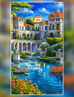 花海溪流上的城堡数字艺术