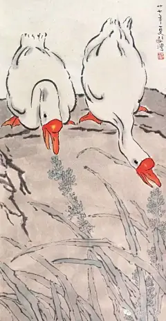 大师徐悲鸿是个多面手，不仅画马是一绝，他画各种小动物和禽鸟也别有风趣，今天我们欣赏一下他画的大白鹅！