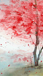 如血般的大红色唯美枫树水彩画手机壁纸