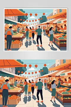 AI数字艺术家庭一起逛集市场数字贴画