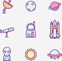 航天宇宙卡通图标高清素材 UFO 卡通火箭 外星人 太空舱 太阳 宇宙飞船 宇航员 星球 望远镜 航天器 航天飞船 航空航天 行星 免抠png 设计图片 免费下载