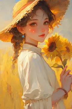 AI数字艺术夏季夏天金色向日葵人物插画-众图网