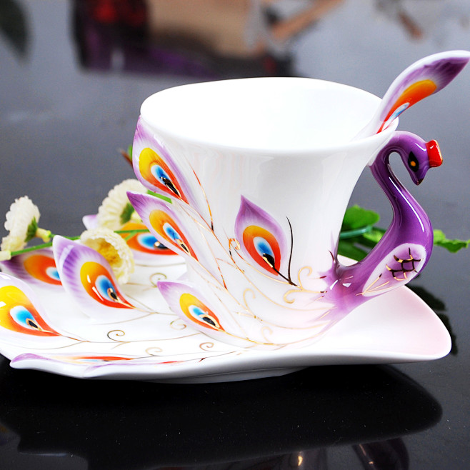 景德镇陶瓷珐琅瓷孔雀杯咖啡杯套装