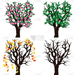 绘画插图,四季,华丽的,贺卡,背景分离,橙色,枝繁叶茂,春天,夏天,草图