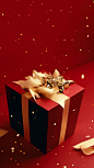 A christmas gift box with gold ribbon and golden stars on red background, in the style of leandro erlich, flora borsi, tim walker, photorealistic detail, studyblr, folded planes, polished metamorphosis