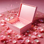 A pink empty open gift box on the wide grass surrounded by flower, with a pink background, in the cartoon style, rendered in C4D, as a 3D scene displaying a product, with soft lighting creating a dreamy atmosphere with high saturation and clear details, u